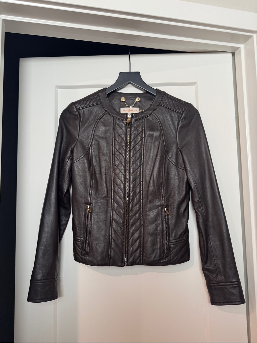 Tory Burch Leather Quilted Jacket - Dark Brown size 2